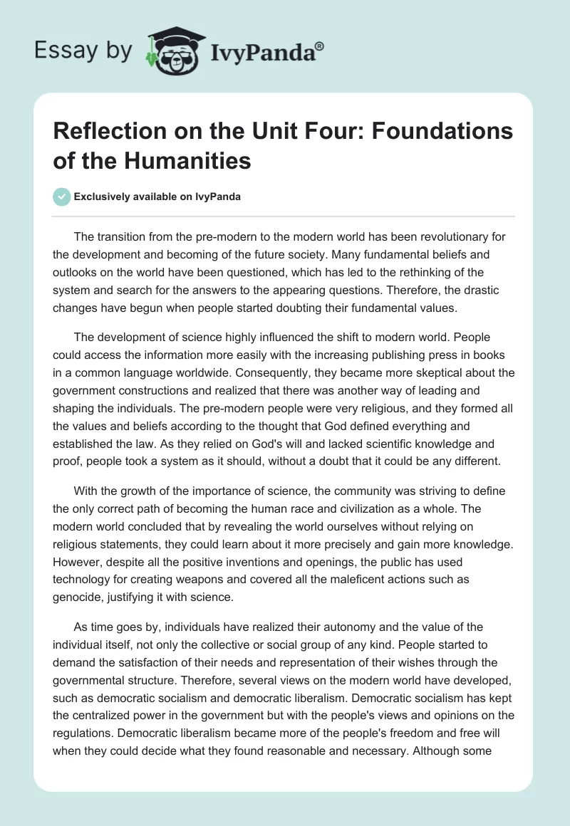 Reflection on the Unit Four: Foundations of the Humanities. Page 1