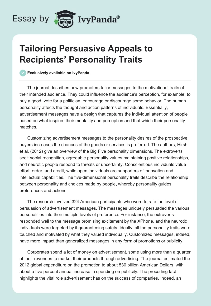 Tailoring Persuasive Appeals to Recipients’ Personality Traits. Page 1