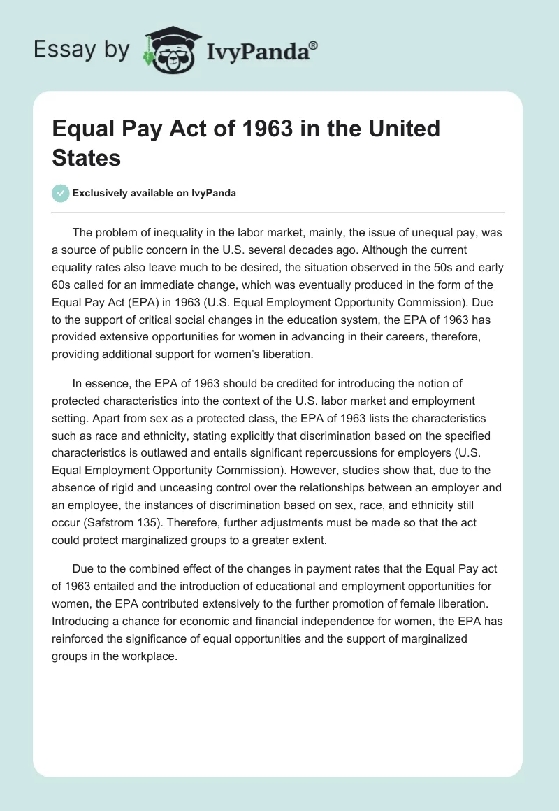 Equal Pay Act of 1963 in the United States. Page 1