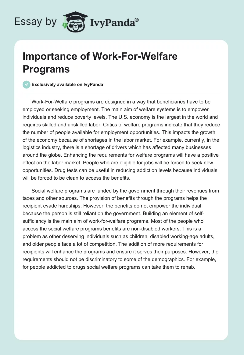 Importance of Work-For-Welfare Programs. Page 1