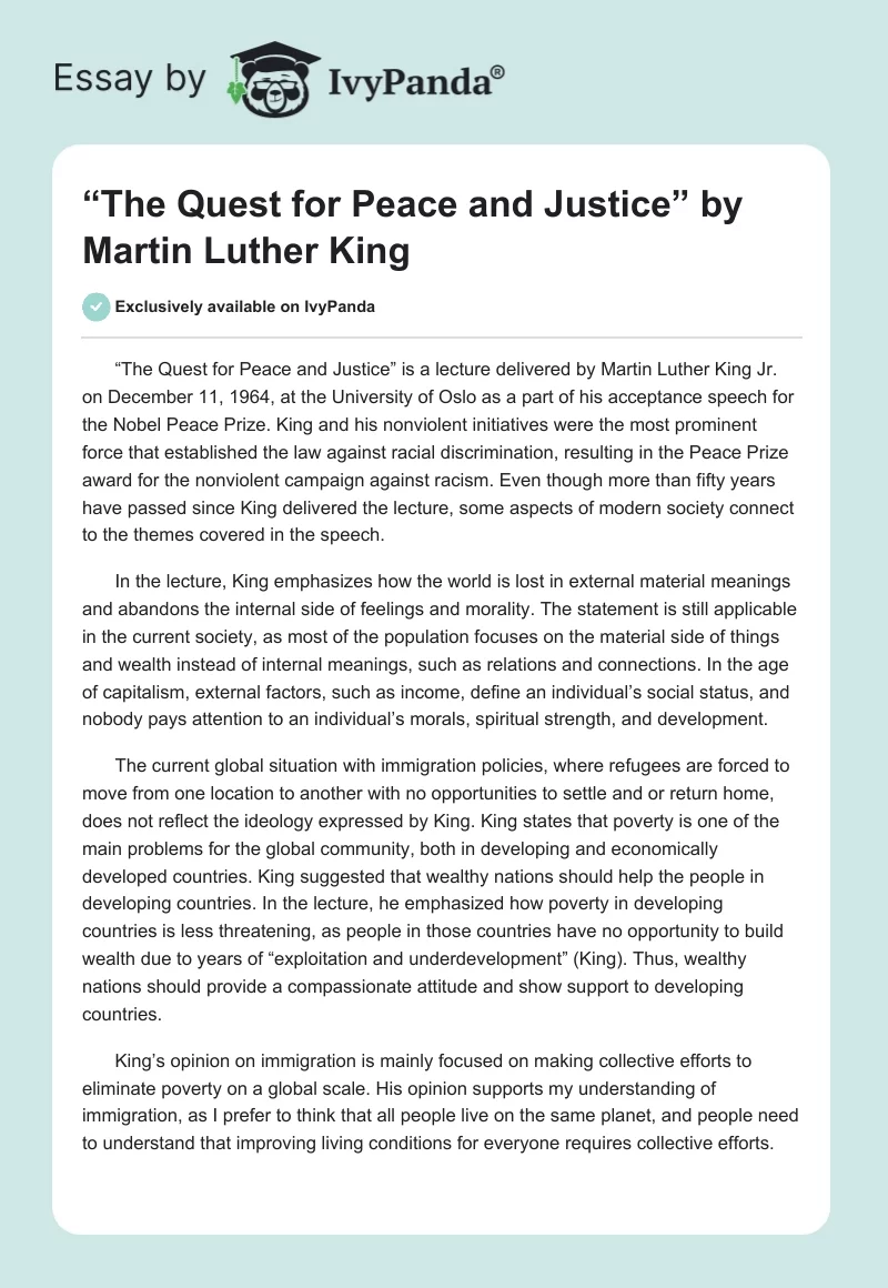 “The Quest for Peace and Justice” by Martin Luther King. Page 1