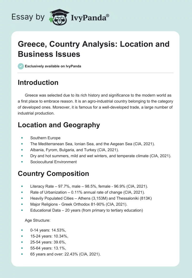 Greece, Country Analysis: Location and Business Issues. Page 1