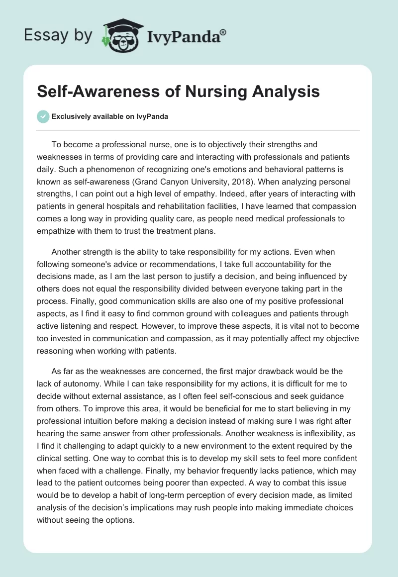 Self-Awareness of Nursing Analysis. Page 1