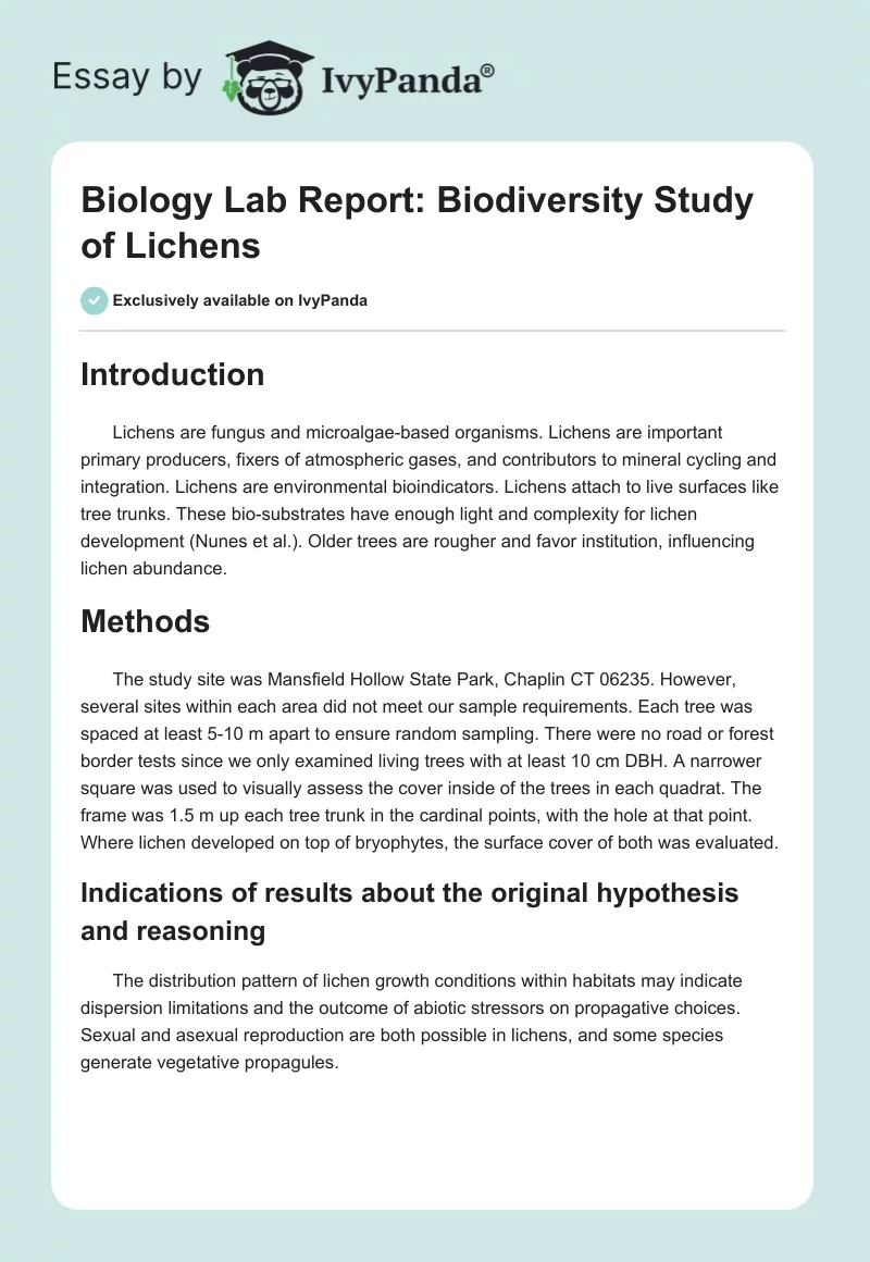Biology Lab Report: Biodiversity Study of Lichens. Page 1