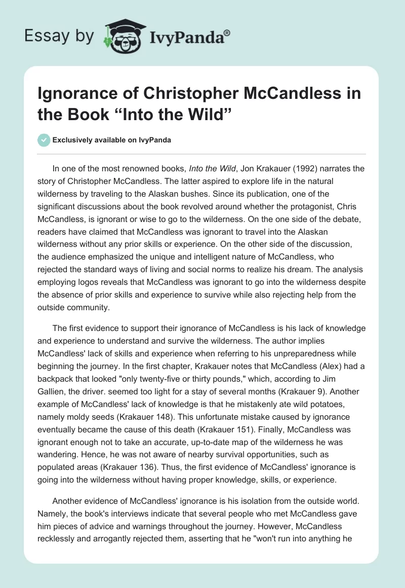 Ignorance of Christopher McCandless in the Book “Into the Wild”. Page 1