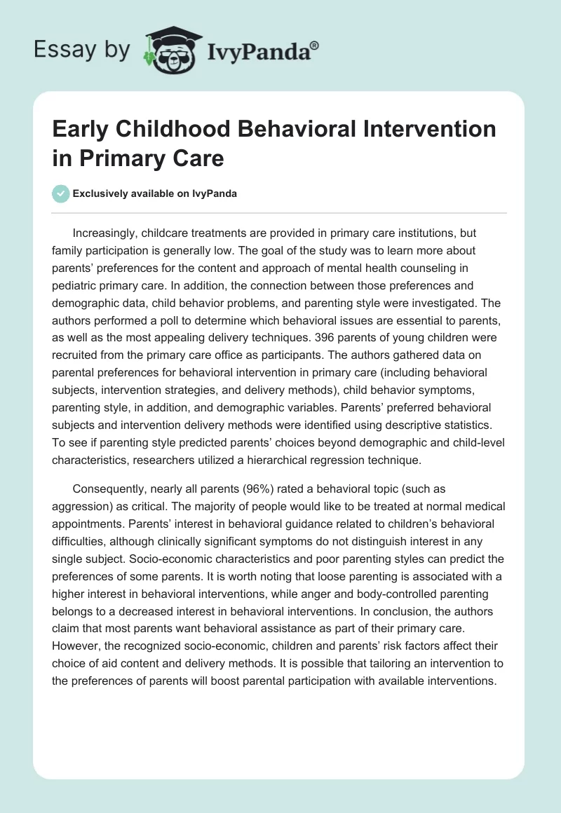 Early Childhood Behavioral Intervention in Primary Care. Page 1