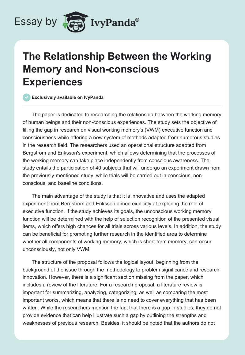 The Relationship Between the Working Memory and Non-Conscious Experiences. Page 1