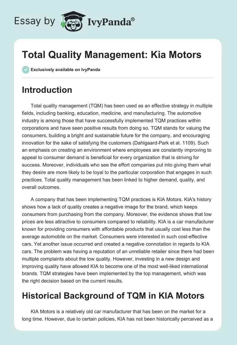 Total Quality Management: Kia Motors. Page 1