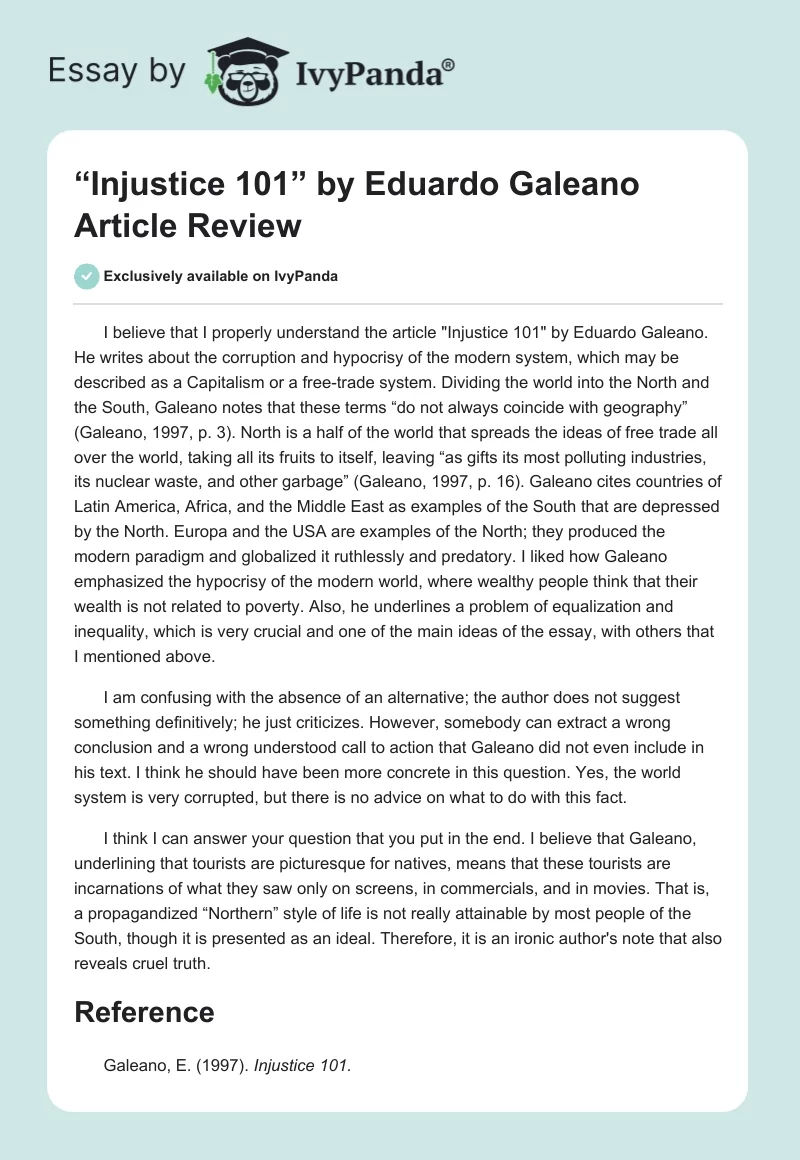 “Injustice 101” by Eduardo Galeano Article Review. Page 1