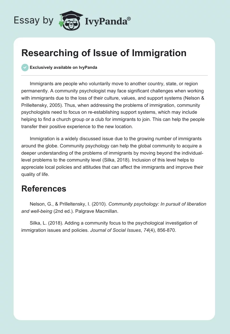 Researching of Issue of Immigration. Page 1