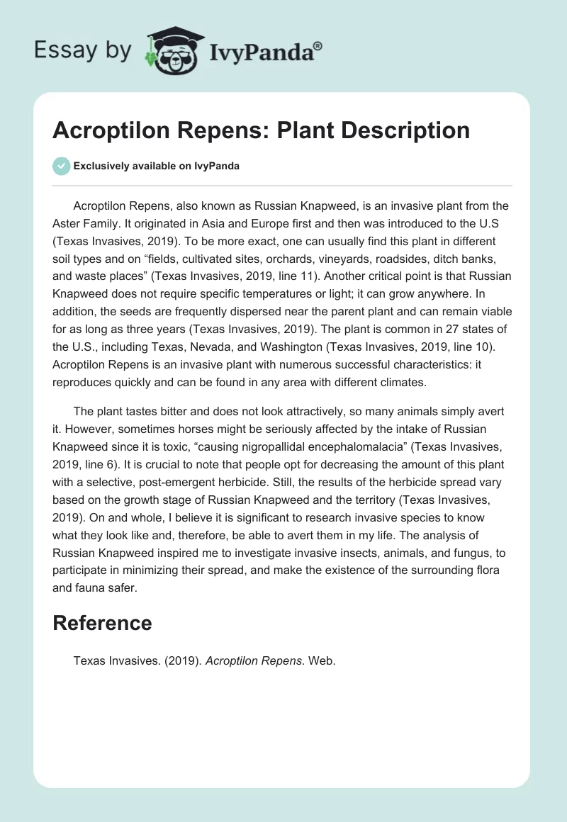 Acroptilon Repens: Plant Description. Page 1