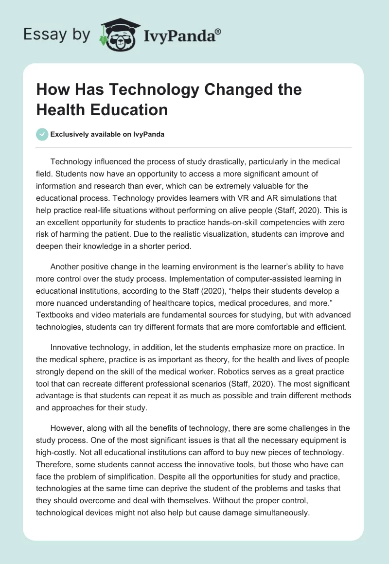 How Has Technology Changed the Health Education. Page 1