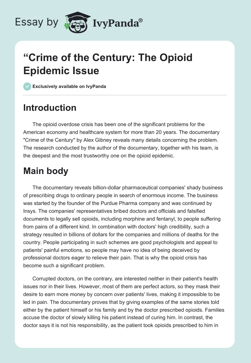 “Crime of the Century": The Opioid Epidemic Issue. Page 1