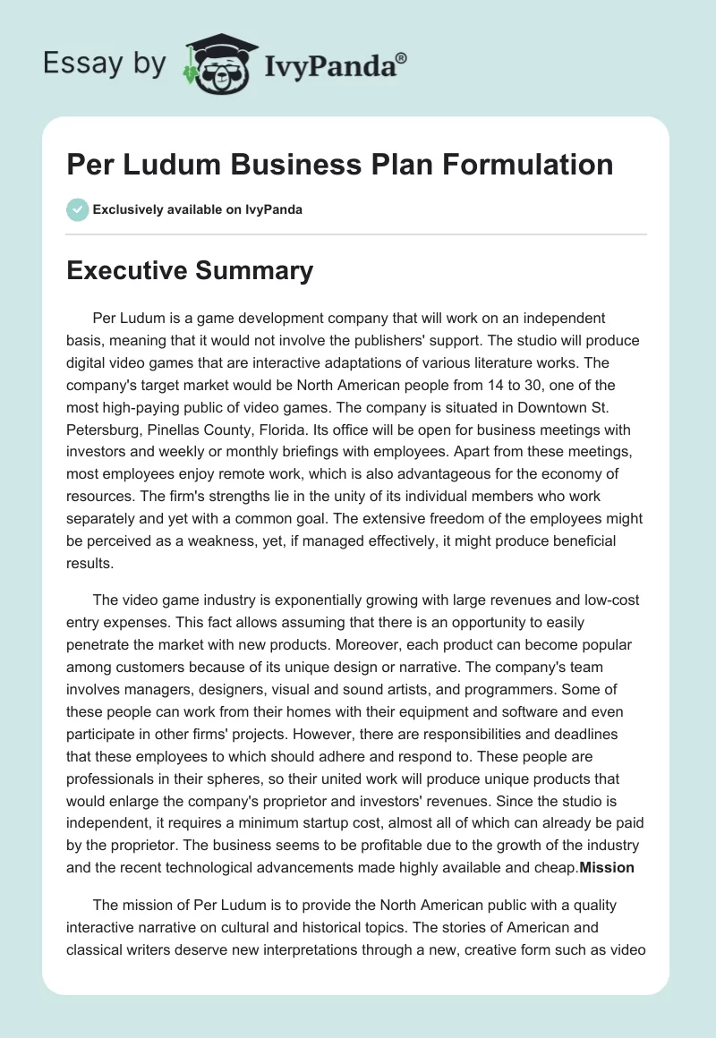 Per Ludum Business Plan Formulation. Page 1