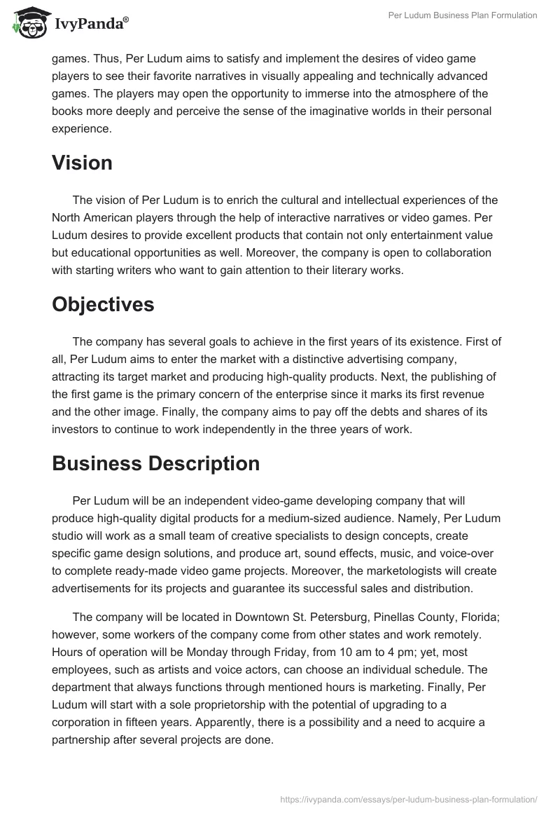Per Ludum Business Plan Formulation. Page 2