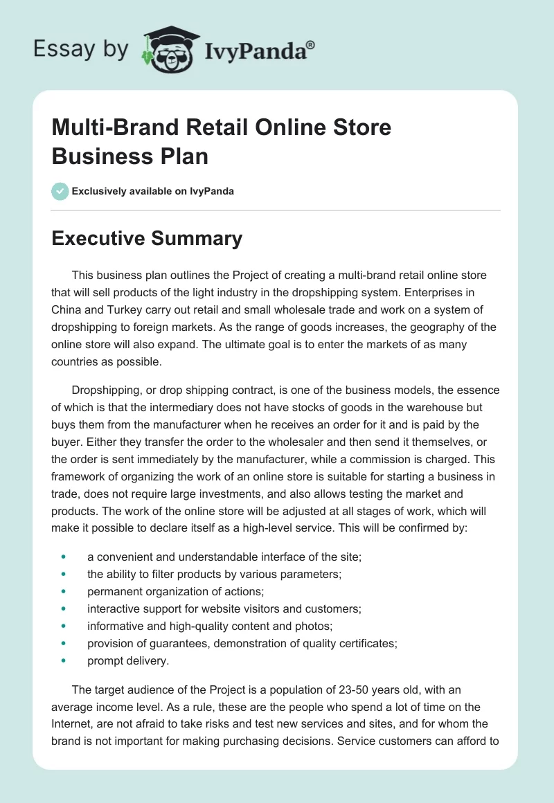 Multi-Brand Retail Online Store Business Plan. Page 1