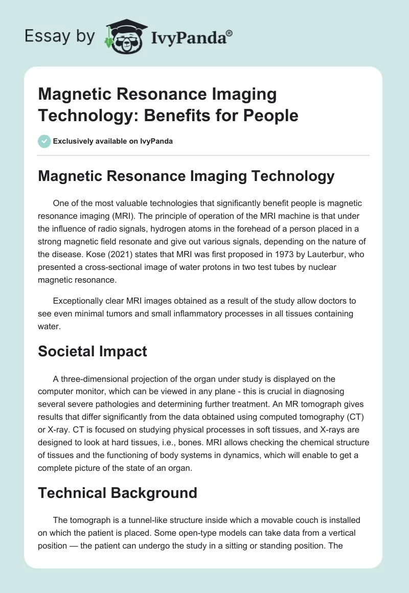 Magnetic Resonance Imaging Technology: Benefits for People. Page 1