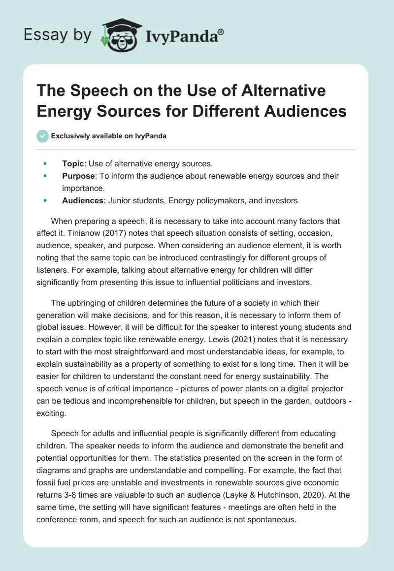 The Speech on the Use of Alternative Energy Sources for Different Audiences. Page 1