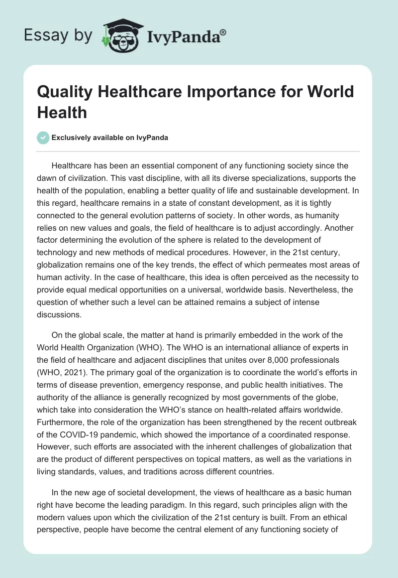 Quality Healthcare Importance for World Health. Page 1