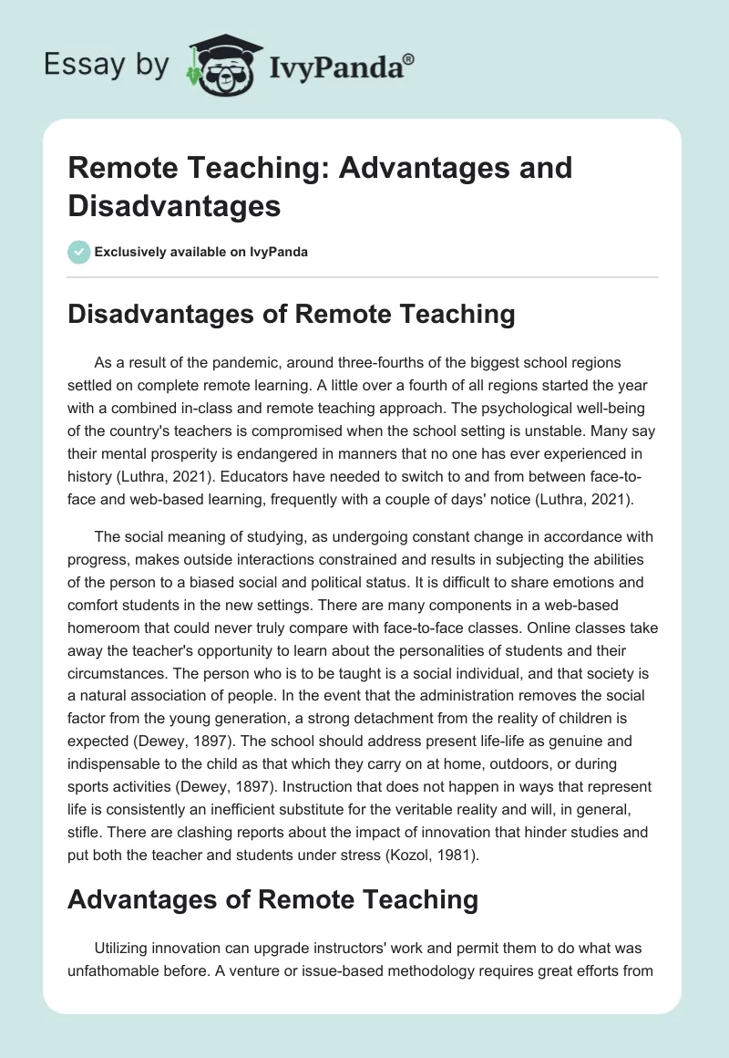 Remote Teaching: Advantages and Disadvantages. Page 1