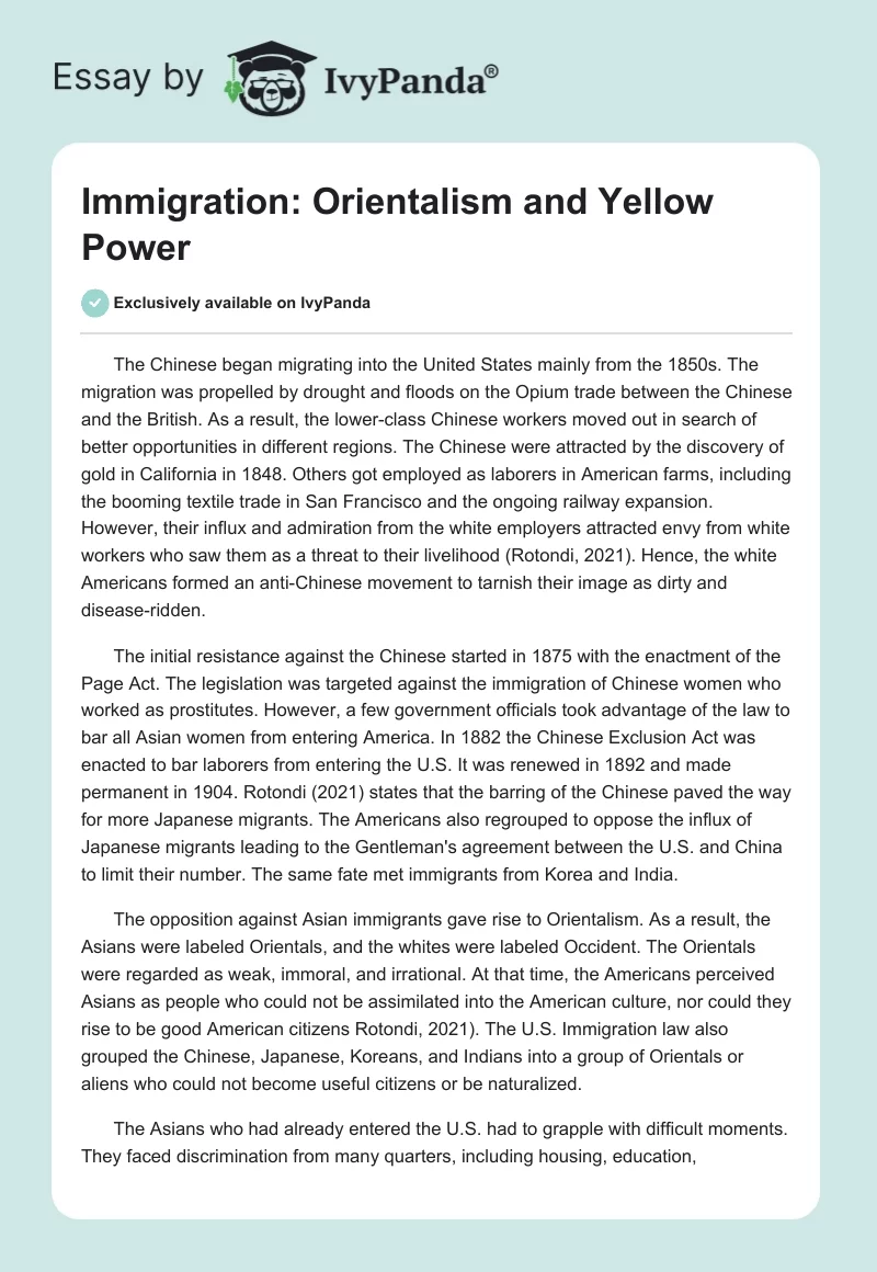 Immigration: Orientalism and Yellow Power. Page 1