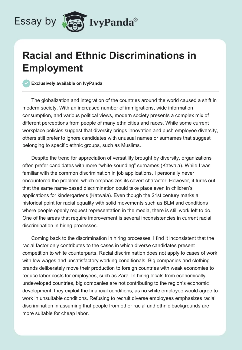 Racial and Ethnic Discriminations in Employment. Page 1