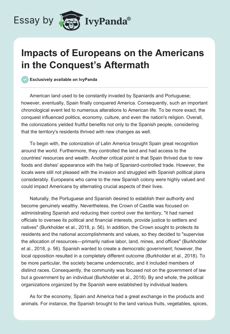 Impacts of Europeans on the Americans in the Conquest’s Aftermath. Page 1