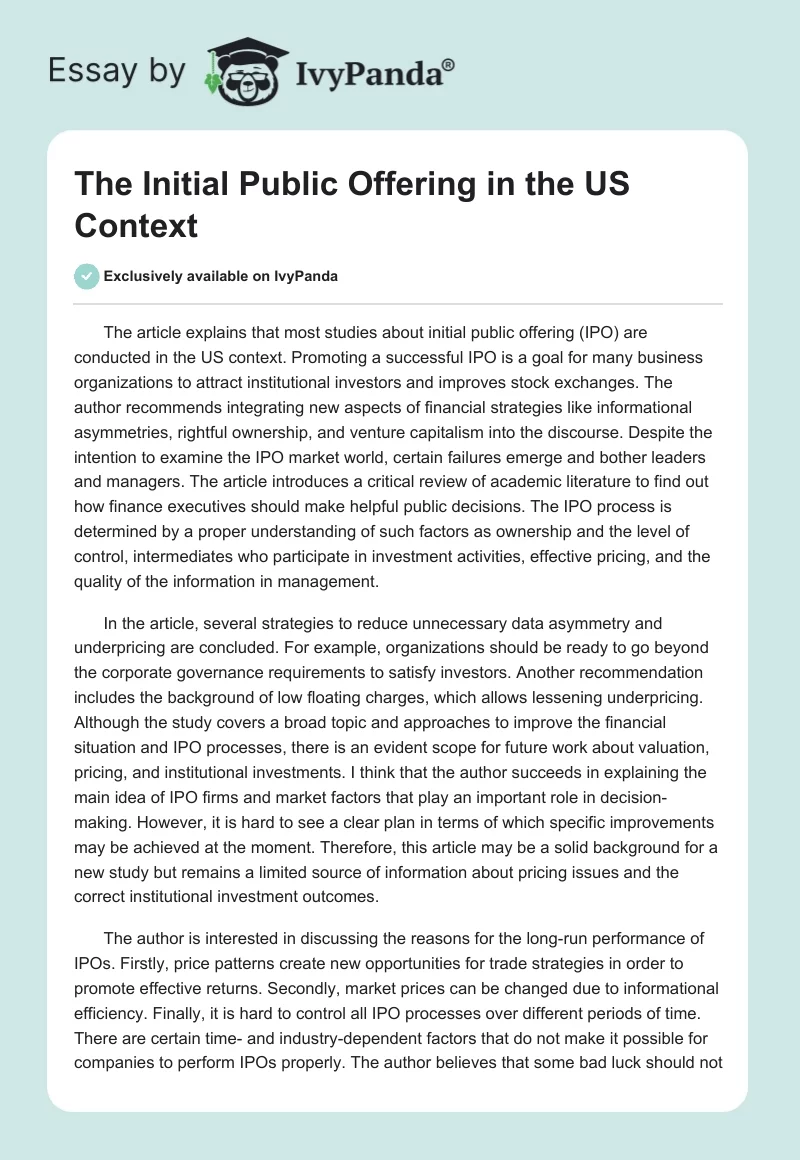 The Initial Public Offering in the US Context. Page 1