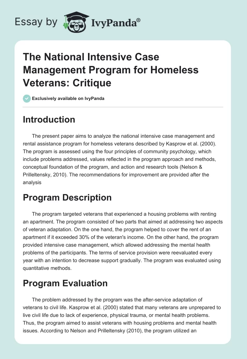The National Intensive Case Management Program for Homeless Veterans: Critique. Page 1