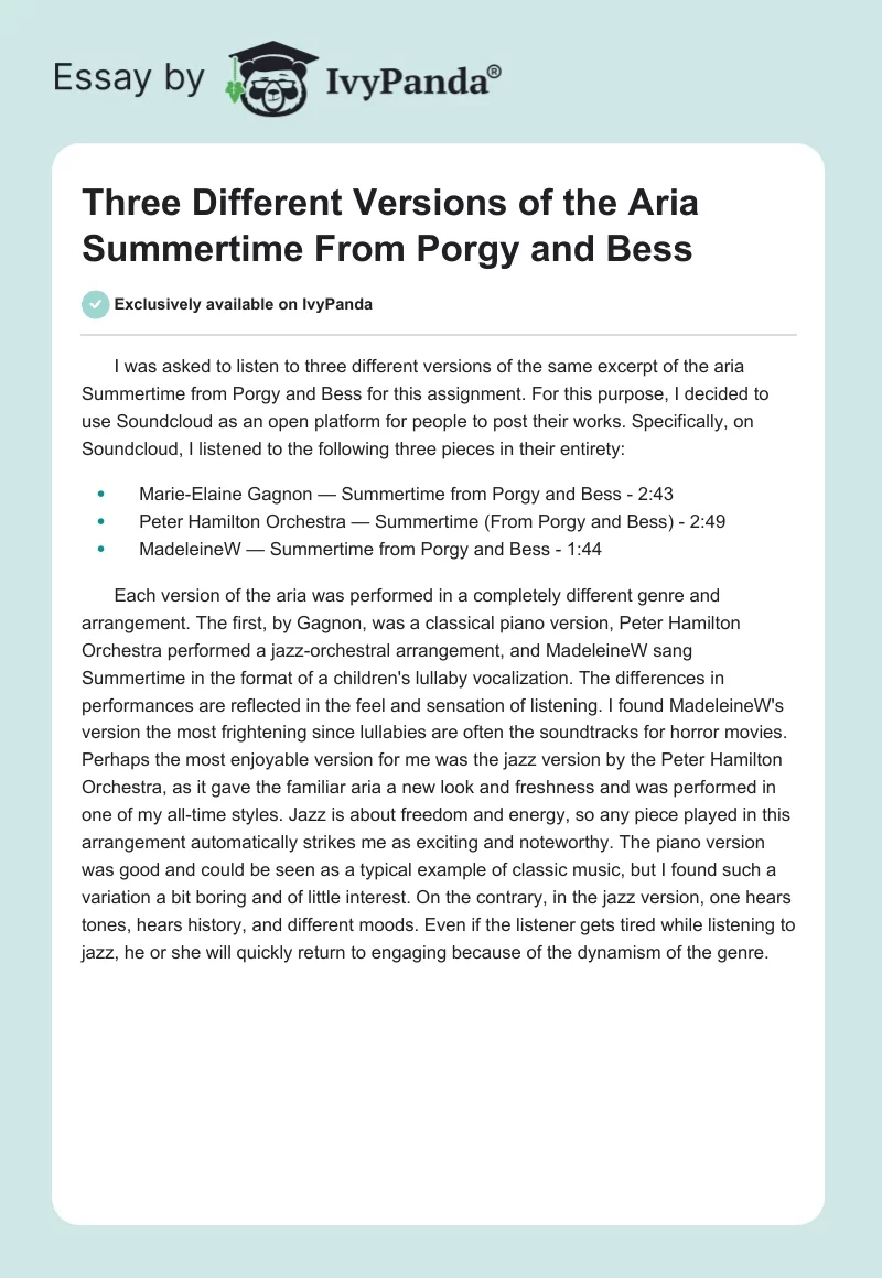 Three Different Versions of the Aria Summertime From Porgy and Bess. Page 1
