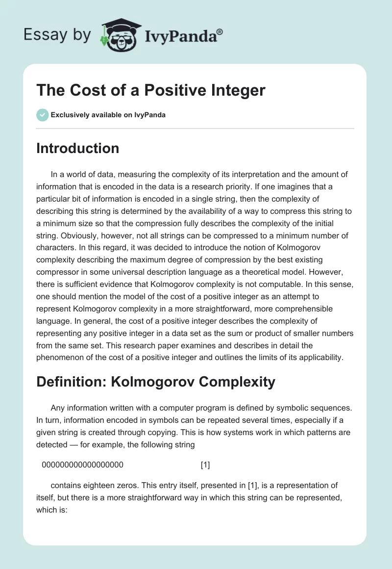 The Cost of a Positive Integer. Page 1