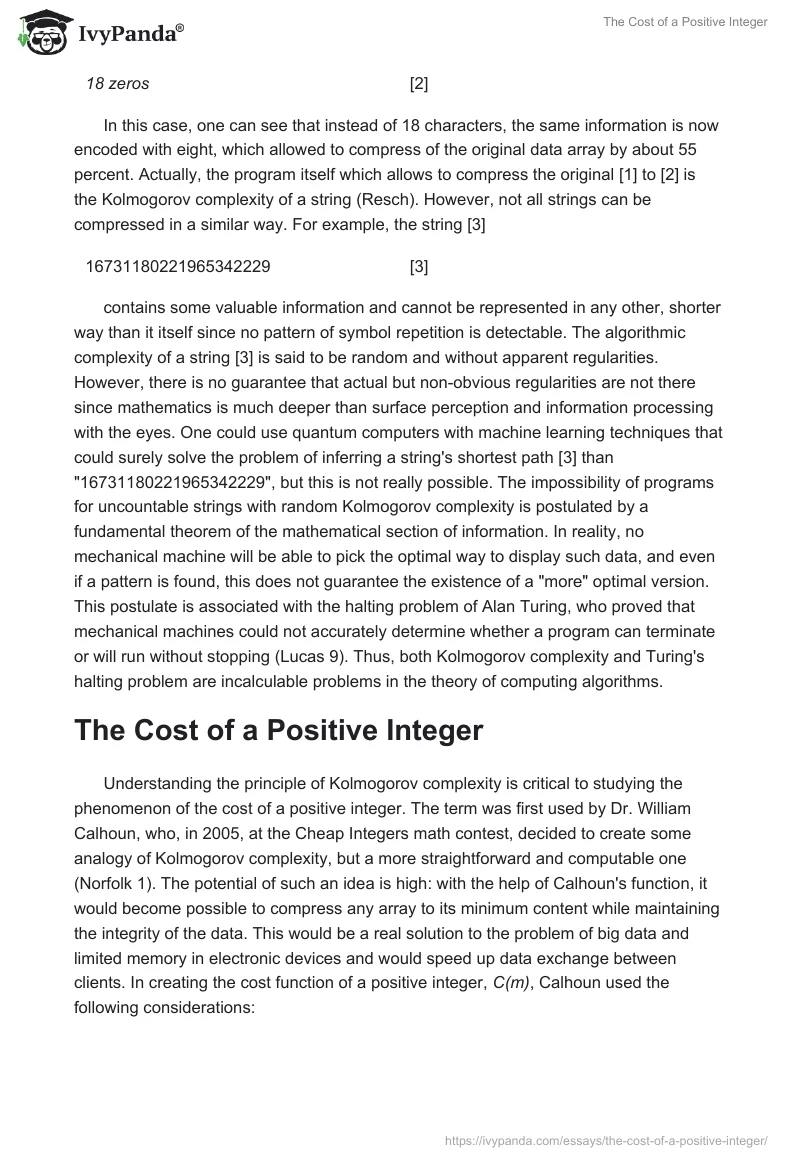 The Cost of a Positive Integer. Page 2