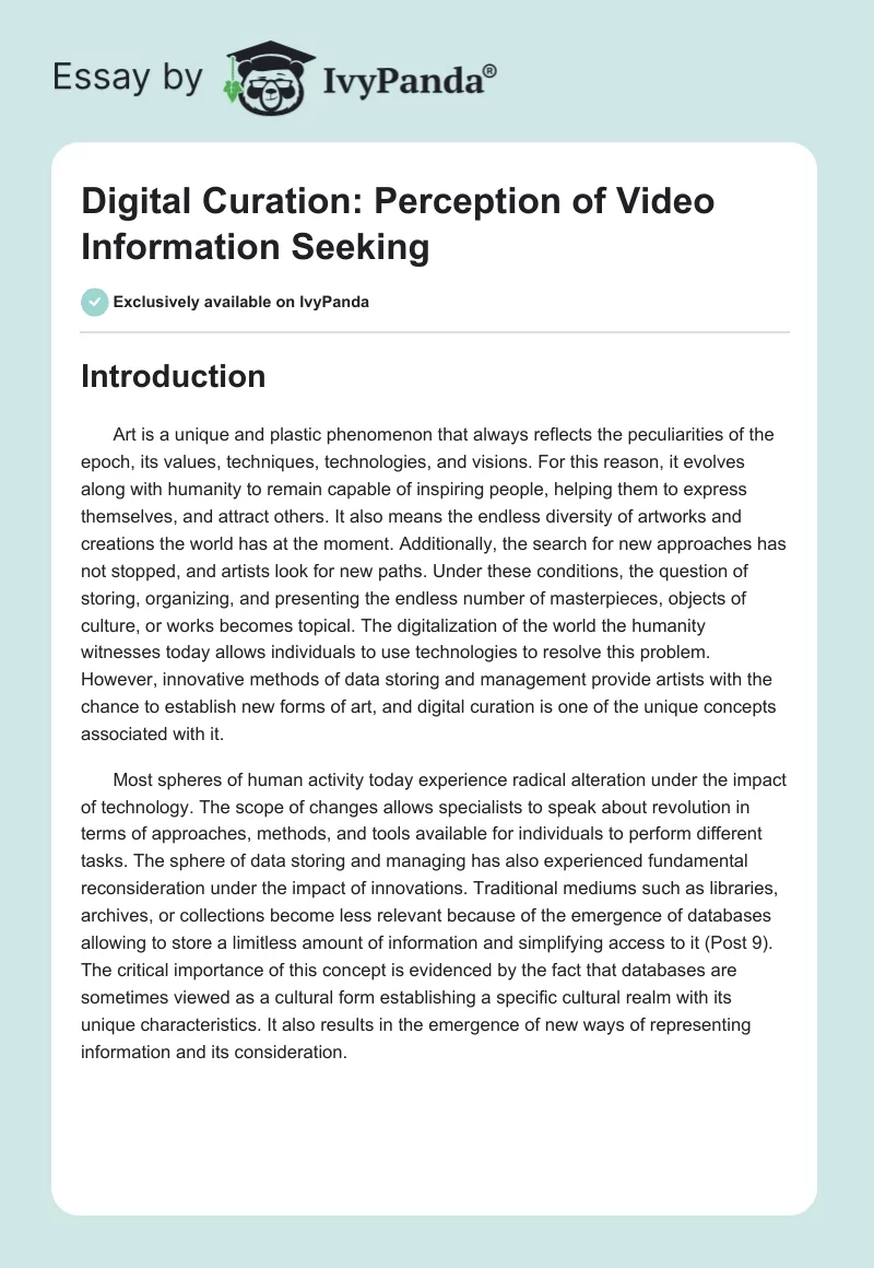 Digital Curation: Perception of Video Information Seeking. Page 1