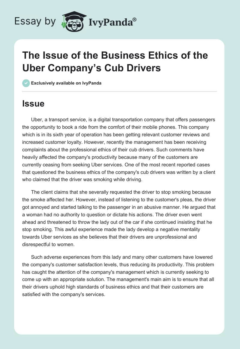 The Issue of the Business Ethics of the Uber Company’s Cub Drivers. Page 1