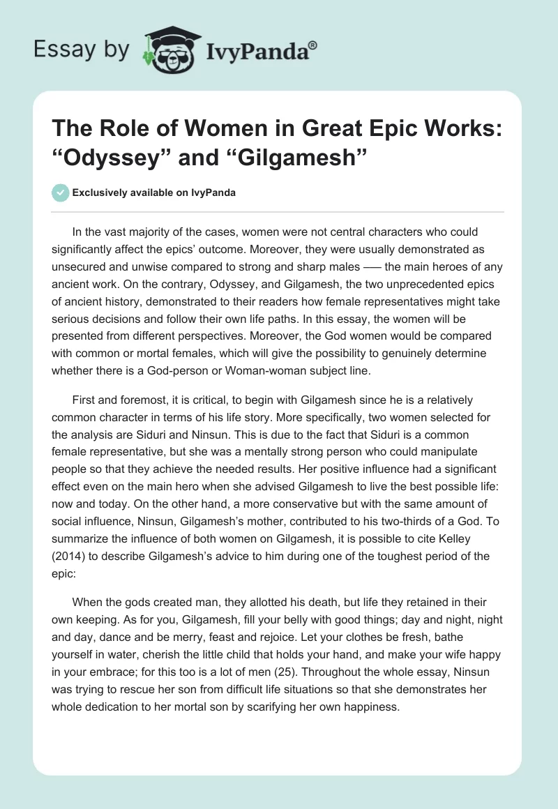 The Role of Women in Great Epic Works: “The Odyssey” and “Gilgamesh”. Page 1