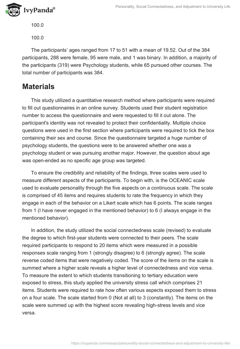 Personality, Social Connectedness, and Adjustment to University Life. Page 5