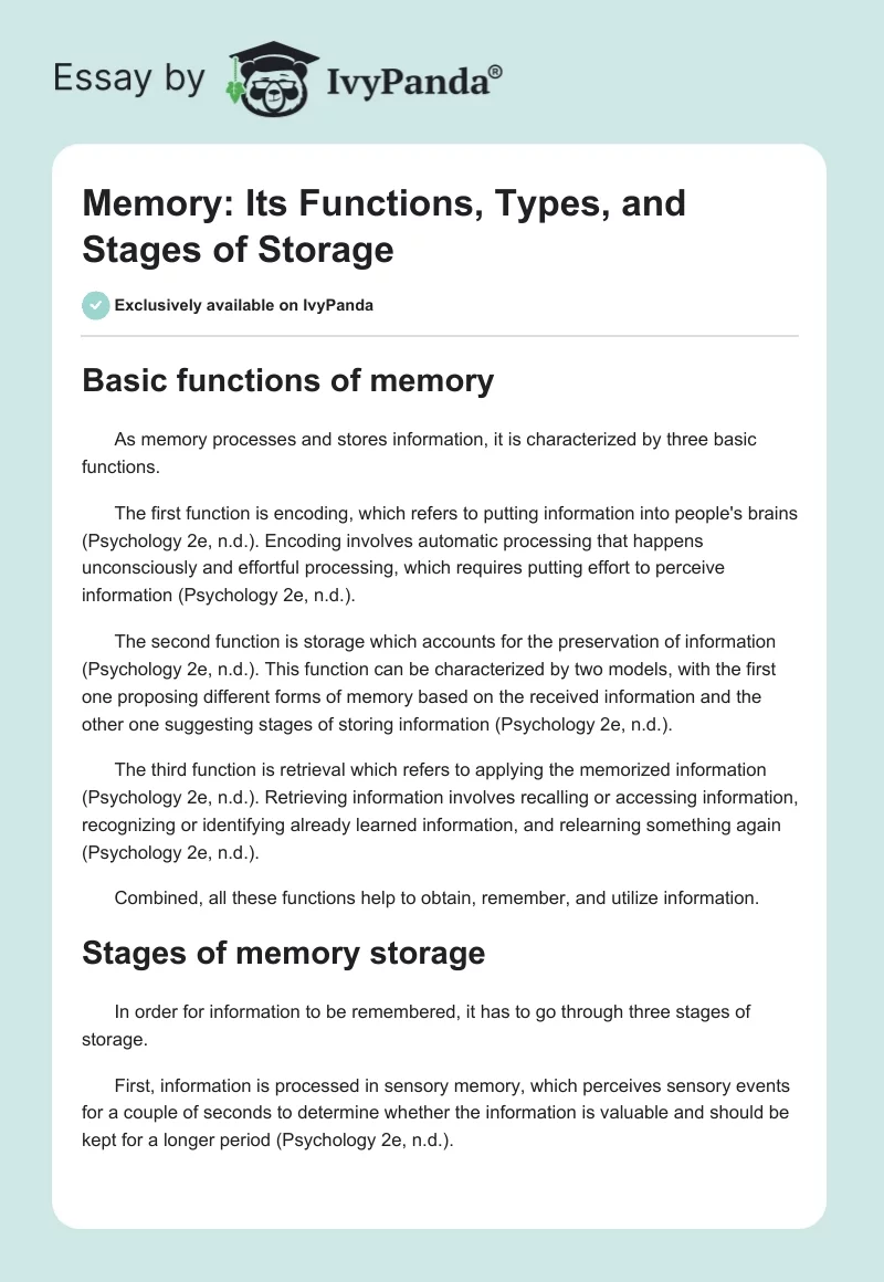 Memory: Its Functions, Types, and Stages of Storage. Page 1