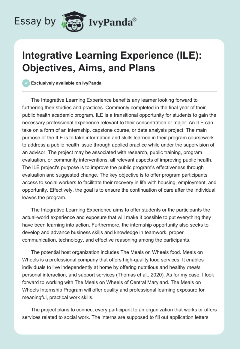 Integrative Learning Experience (ILE): Objectives, Aims, and Plans. Page 1