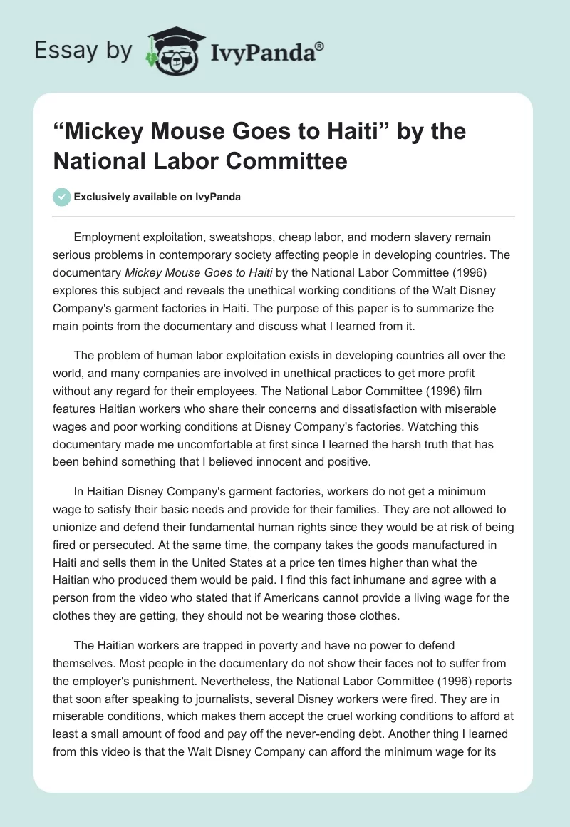 “Mickey Mouse Goes to Haiti” by the National Labor Committee. Page 1