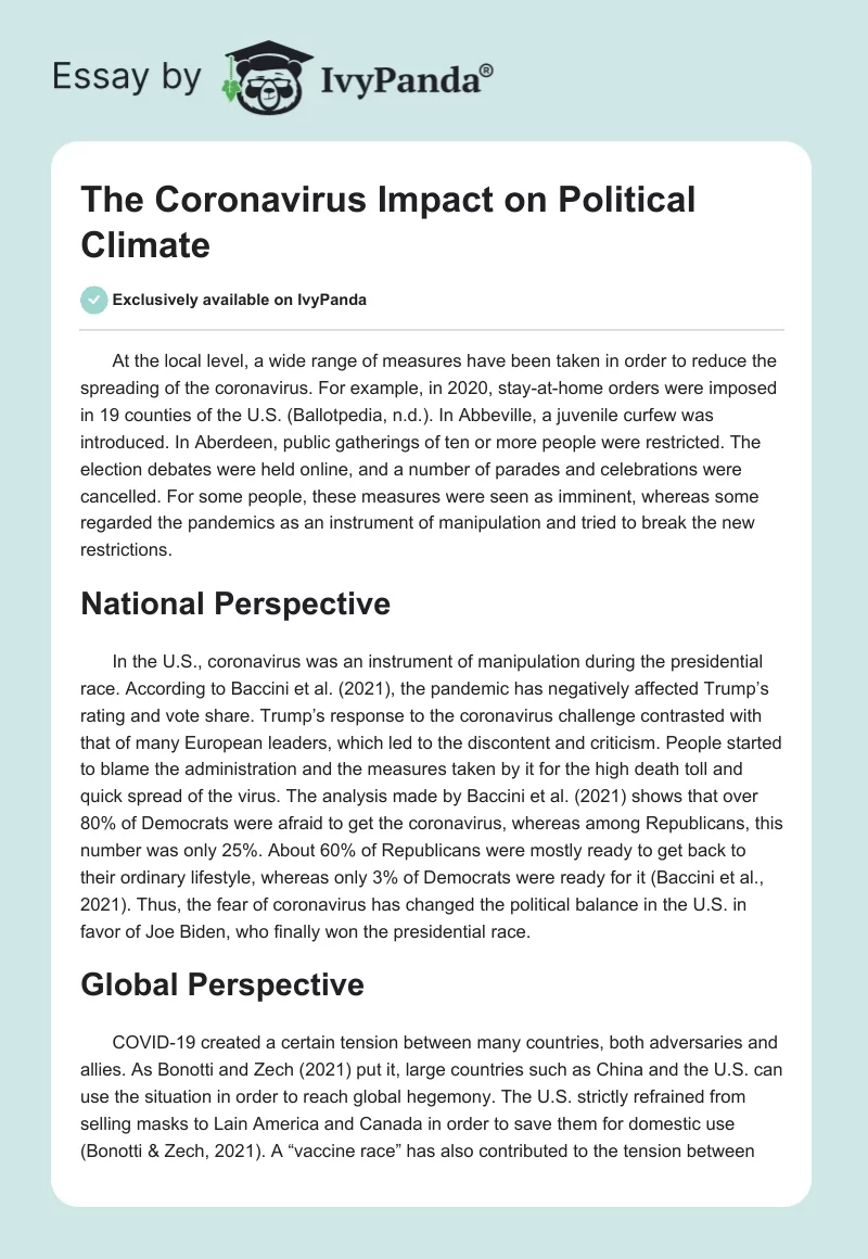 The Coronavirus Impact on Political Climate. Page 1