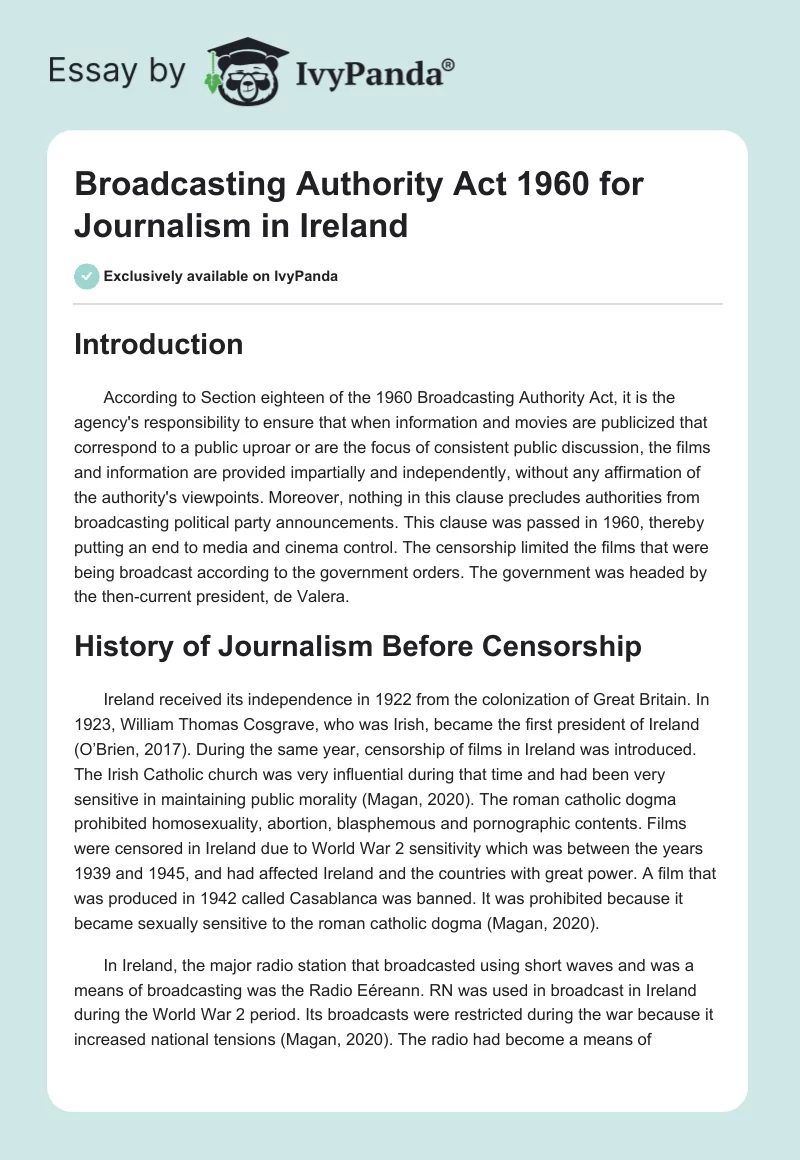Broadcasting Authority Act 1960 for Journalism in Ireland. Page 1