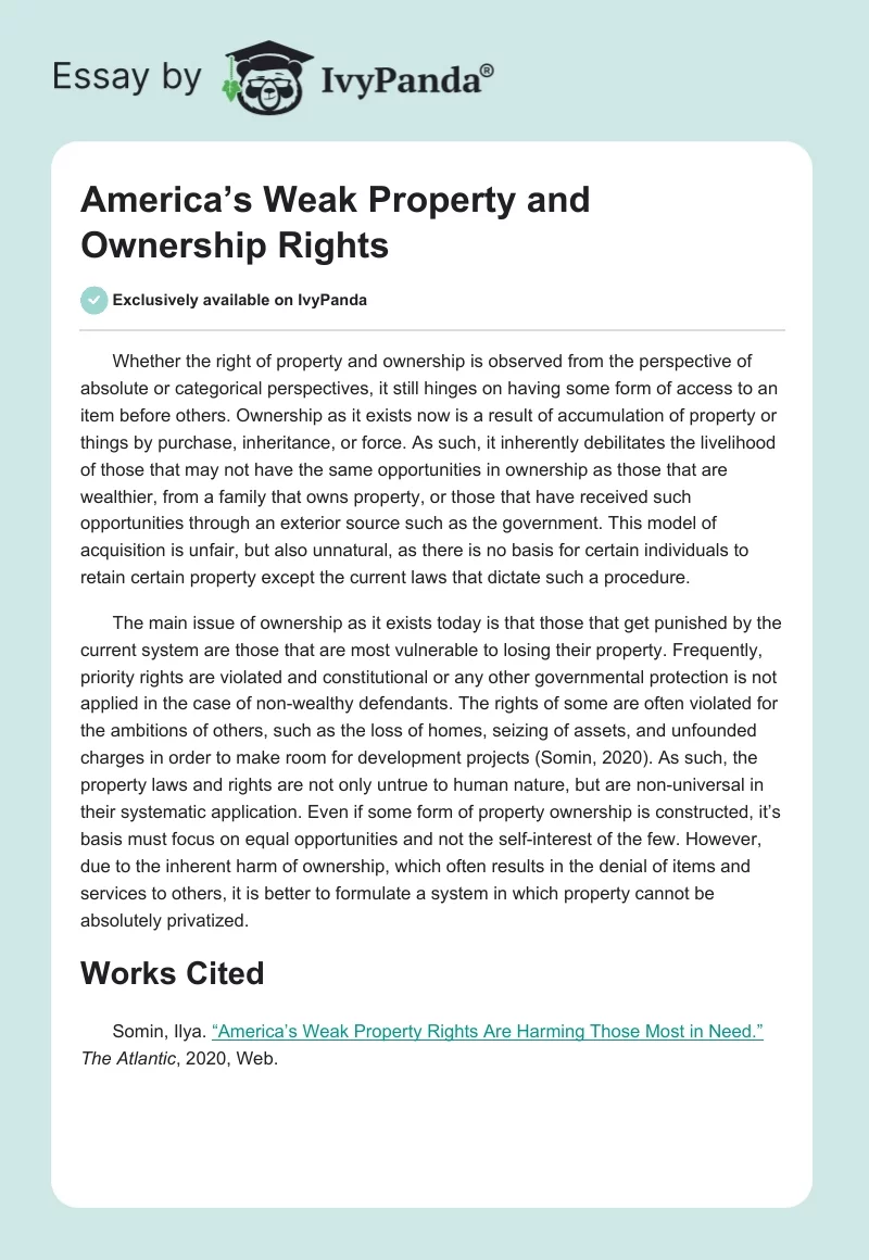 America’s Weak Property and Ownership Rights. Page 1