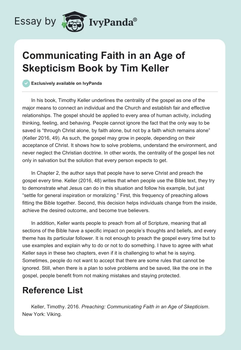 "Communicating Faith in an Age of Skepticism" Book by Tim Keller. Page 1