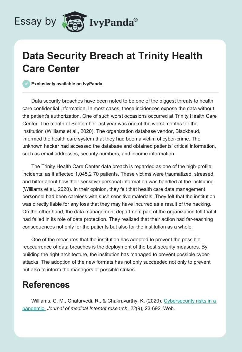 Data Security Breach at Trinity Health Care Center. Page 1