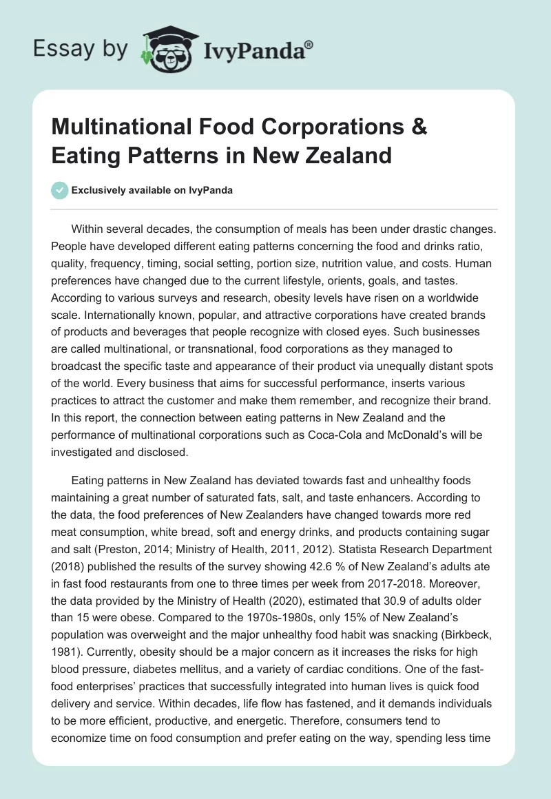 Food Multinationals & Eating in New Zealand - 873 Words | Essay Example