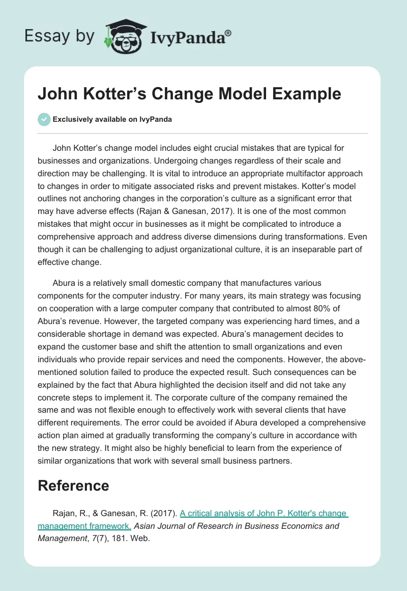 John Kotter’s Change Model Example. Page 1