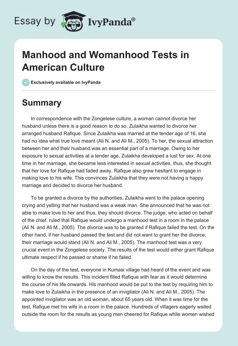 Manhood and Womanhood Tests in American Culture. Page 1