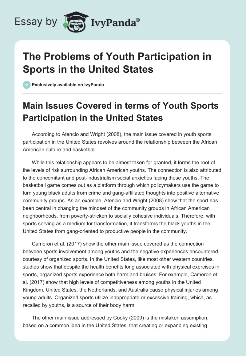 The Problems of Youth Participation in Sports in the United States. Page 1
