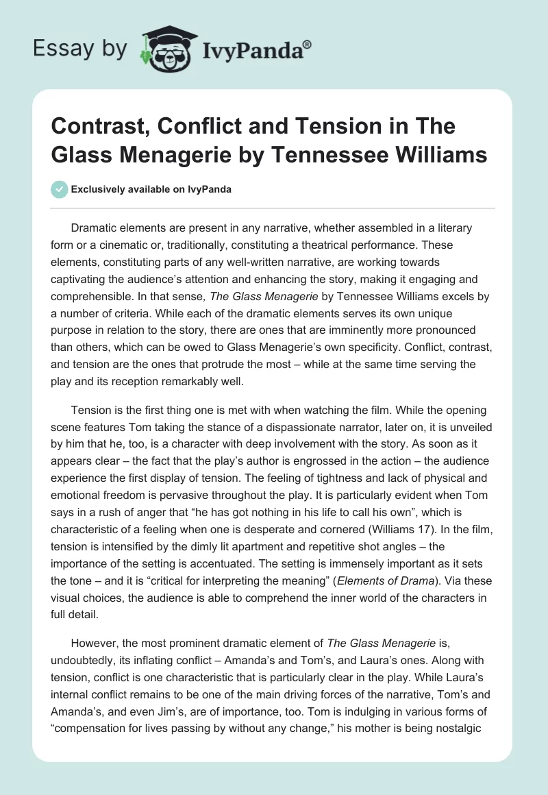 Contrast, Conflict and Tension in The Glass Menagerie by Tennessee Williams. Page 1