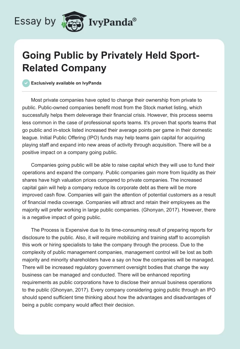 Going Public by Privately Held Sport-Related Company. Page 1